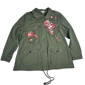 Christopher & Banks Army Green Floral Embroidered Jacket Petite Large